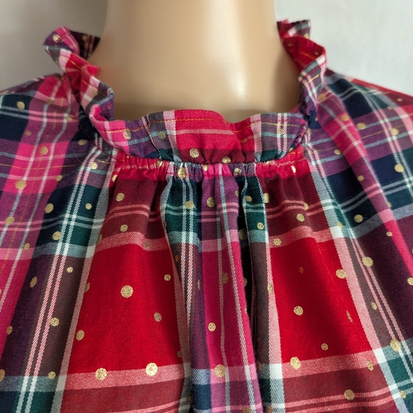 Crown & Ivy red pink gold foil polka dots ruffled long balloon sleeve top sz L - Picture 4 of 10